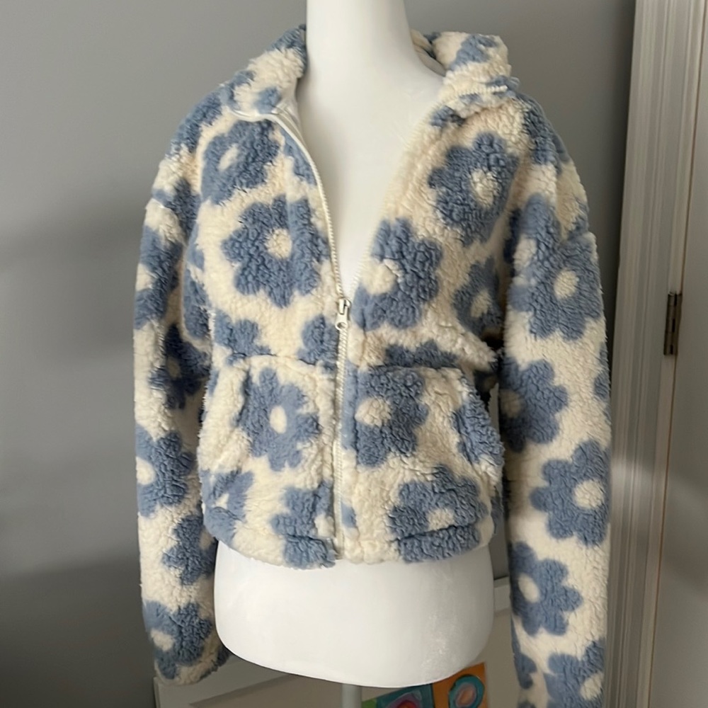 blue flower sherpa zip up jacket